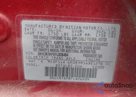 2015 Nissan Versa 1.6 S/1.6 S+/1.6 Sl/1.6 Sv из США, поврежденный, VIN 3N1CN7AP8FL826404